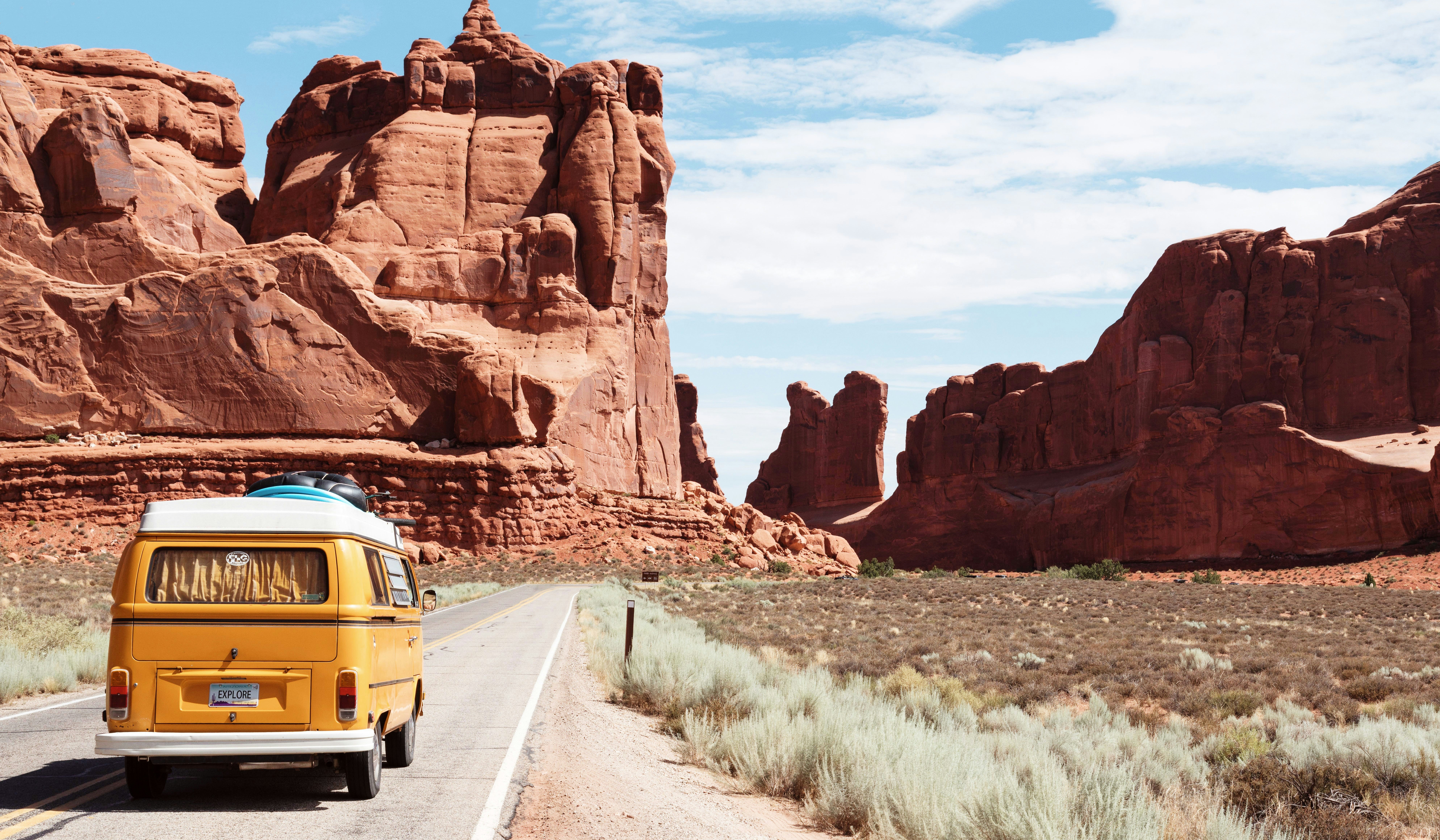 Yellow Volkswagen van on roadtrip